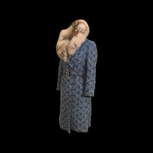 Load image into Gallery viewer, 60’s 70’s Blue Carpet Coat Needlepoint Tapestry with Norwegian Fox Fur Belted