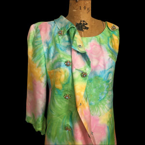 60’s Shift Dress and Coat Set by I. Magnin Pastel Floral Pink Blue Crystal Buttons