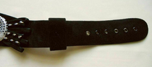 Load image into Gallery viewer, Jeweled Black Glam Suede Belt by HENRYKS BIJOUX Made in Austria Vintage 1980s Glam Swarovski Crystal Fits a waist from 23.5&quot; to 27.5&quot;