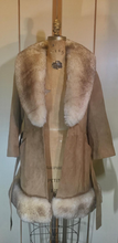Load image into Gallery viewer, 70s Suede Sheepskin Shearling Tan Penny Lane Coat Princess Fit and Flare Almost Famous Small Medium Boho Hippy Bohemian