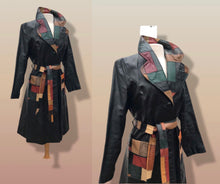 Load image into Gallery viewer, 70’s Black Patchwork Leather Trench Coat Spy