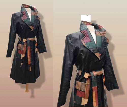 70’s Black Patchwork Leather Trench Coat Spy