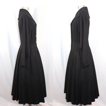 Load image into Gallery viewer, Black Wool Princess Fit and Flare 1940s 1950s Fit and Flare Coat Dress Post World War II Medium Rhinestone Crystal Button New Look reserved for Elizabeth