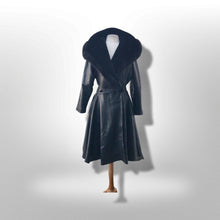 Load image into Gallery viewer, Black Lamb Leather Princess Coat Couture Made in France Massive Shearling Fox Collar