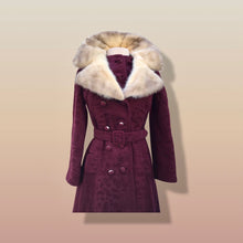 Load image into Gallery viewer, Vintage Wine Maroon Wool Mad Men 60’s Mohair Peacoat with Cross Mink Collar Mod