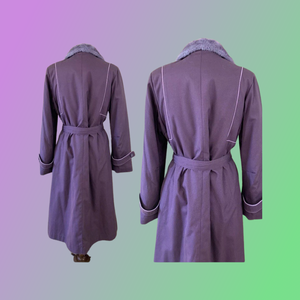 1970’s 1980’s Purple Vintage Trench Coat with Removable Faux Fur Lining Belted Fit and Flare