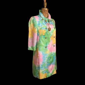 60’s Shift Dress and Coat Set by I. Magnin Pastel Floral Pink Blue Crystal Buttons