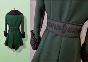 60’s Green Wool Peacoat Lamb swakara Persian lamb belted