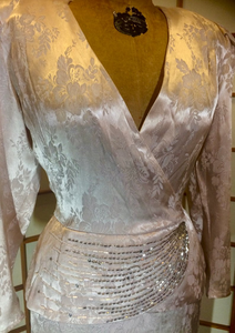 40s Peplum Dress Pink Beaded Dress Powder Fitted Pencil Cut Brocade Suit Jeweled Size M