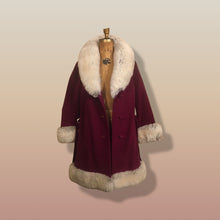 Load image into Gallery viewer, 60s Wine Cranberry Coat in Velveteen and Shearling with Grommet Belt