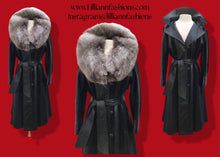 Load image into Gallery viewer, 70’s Spy Trench Black Leather with Suede inlay Fox fur Removable Collar