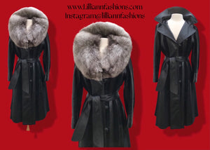 70’s Spy Trench Black Leather with Suede inlay Fox fur Removable Collar