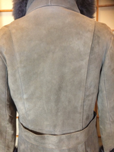 Load image into Gallery viewer, Suede Shearling Lamb Coat Grey-- Leather Tuxedo Lamb Fur Trim S/M Russian Princess Hippy Boho Princess Afghan