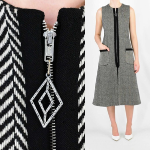 60s Vintage Saks Fifth Ave Black and White Vest Coat/Dress Mod Herringbone Geometric Size S/M