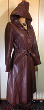 Load image into Gallery viewer, 70s Leather Hooded Trench Spy Rain Fall Coat Reddish Brown Fit and Flare Princess Boho Chic Maroon S/M