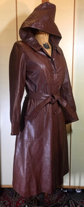 70s Leather Hooded Trench Spy Rain Fall Coat Reddish Brown Fit and Flare Princess Boho Chic Maroon S/M