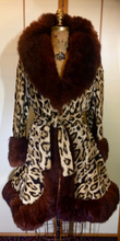 Load image into Gallery viewer, 50s Pin-up Faux Leopard Coat--Real Luscious Fur Trimmed Fit and Full Flare 1960s Winter Coat Small/Medium Russian Princess