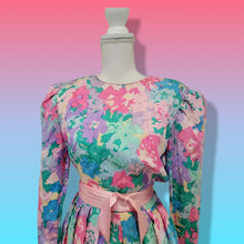 Load image into Gallery viewer, Floral 80’s Dress Silk Pink Blue  Puff Sleeve Pastel Ruched