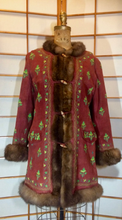 Load image into Gallery viewer, Vtg 70s Red Suede Coat Embroidered Mink Afghan Turkish Coat Carpet Tapestry Wooden Toggle 3/4 Length S/M/L Penny Lane Almost Famous Hippy