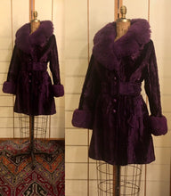 Load image into Gallery viewer, Vintage 70s Purple Coat- Faux "Sheared Lamb" Shearling Vegan Velvet Goth Punk Grunge Penny Lane Russian Princess Boho Princess Pinup