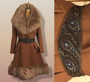 60’s Caramel Lilli Ann Shearling Fit and Flare Princess Coat with Belt Clutch Purse Set Beaded