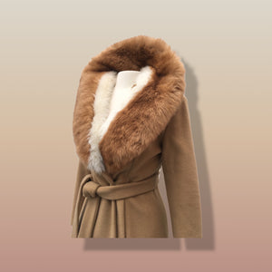 60’s Vintage Camel Coat  with Fur Trim Vicuna-Printed Fit Flare Wrap Style Wool Cashmere Blend