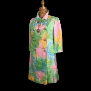 60’s Shift Dress and Coat Set by I. Magnin Pastel Floral Pink Blue Crystal Buttons