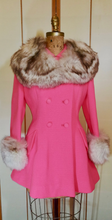 Load image into Gallery viewer, 60s Pink Lilli Ann Norwegian Fox Fur Coat Fit and Flare Neon Florescent Bright Pink Double Breasted S/M Princess