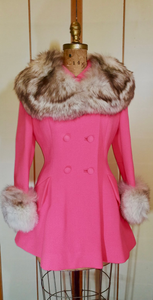 60s Pink Lilli Ann Norwegian Fox Fur Coat Fit and Flare Neon Florescent Bright Pink Double Breasted S/M Princess