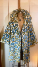 Load image into Gallery viewer, Woman's Vintage Coat-- 60s Blue Tapestry Swing Floral Carpet Brocade Wool Needlepoint Princess Pinup Mod Coat Spring Winter Fall
