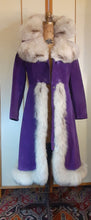 Load image into Gallery viewer, Vintage Women's Coat- Purple Suede 70s Silver Fox Fur Trimmed Princess Pinup Hippy Coat Afghan Penny Lane Almost Famous