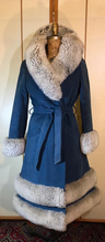 Load image into Gallery viewer, Vintage Coat-60s Blue Shearling and Wool Velvet/Velveteen Fit and Flare Princess Mod Boho Wrap Coat S/M/L Flexible Size