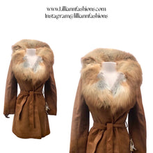 Load image into Gallery viewer, Deadstock Suede and Red Fox Fur Coat 70’s Fit Flare Wrap Style Rust Orangey Brown Color