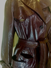 Load image into Gallery viewer, Vintage 70s Leather Coat Spy Unisex Trench Belted Fit and Flare Burgundy Oxblood M