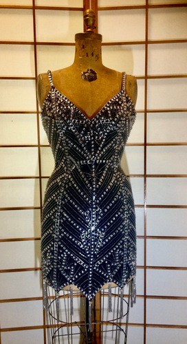 80s Beaded Fringe Dress Flapper Body Con Mini Tight Intricate Dress Balmain Style S/XS Made in Italy