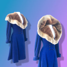 Load image into Gallery viewer, 40’s Vintage Cobalt Blue Fit Flare “New Look” Princess Full Skirt Coat with Massive Shearling Mouton Ombré Collar