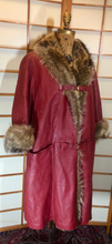 Load image into Gallery viewer, 60s 70s Red Leather Fur Trim Bonnie Cashin Saks Fifth Ave Hardware Buckle Large Extra Large Trench Coat Swing Plus Size Oversized