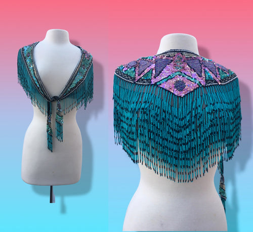 Art Deco Exquisite Hand Beaded Heavy Decorative Collar Scarf Tie Necklace Wrap Turquoise Pink Egyptian Inspired Accessory