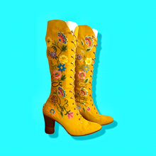 Load image into Gallery viewer, Iconic 70’s Mustard Yellow Suede Floral Embroidered Boots size 7 Wooden Heel