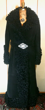 Load image into Gallery viewer, Black Suede Leather Curly Lamb Mongolian Penny Lane Almost Famous Hippy Shearling Russian Princess Coat S/M Full Length Long