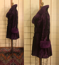 Load image into Gallery viewer, Vintage 70s Purple Coat- Faux "Sheared Lamb" Shearling Vegan Velvet Goth Punk Grunge Penny Lane Russian Princess Boho Princess Pinup