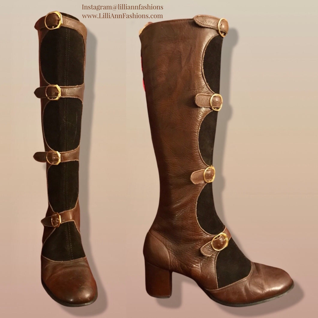 60’s 70’s Suede and Leather Gladiator Boots with Gold Buckle Hardware Rare Size 7-8.5