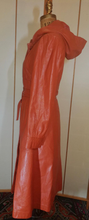 Load image into Gallery viewer, 70s Leather Hooded Trench Spy Duster Long Fit and Flare Orange/Tan Coat S/M Boho Hippie Hippy Chic Hipster