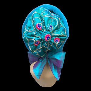 Himalayan Mink and Silk Hat in Turquoise Peacock “Blue Nile” with Embroidered Silk Gift for Her