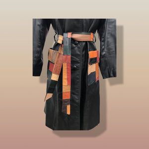 70’s Black Patchwork Leather Trench Coat Spy