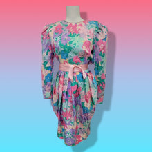 Load image into Gallery viewer, Floral 80’s Dress Silk Pink Blue  Puff Sleeve Pastel Ruched