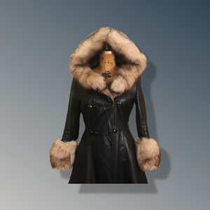 Vintage 70’s Leather Coat with Fox Fur Hood and Cuff Trim Princess Full Flare Skirt Rare OOAK 36/38 Bust Sargent Pepper Double Breasted