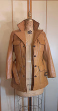 Load image into Gallery viewer, 70s Caramel Tan Leather Coat Vintage Women's Fit Flare Multi Pockets Career Boho Removable Sherpa Liner Montgomery Ward "short trench/spy"