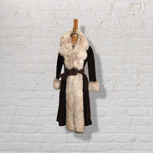 Load image into Gallery viewer, 70’s Vintage Mahogany Suede Fox Fur Tuxedo Coat