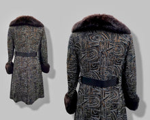 Load image into Gallery viewer, 60’s Mod Vintage Tapestry Wool Carpet Coat Black and Brown with Genuine Fur Trim